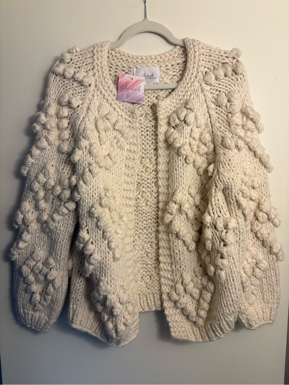 Chicwish NWT Knit Your Love Ivory Heart Pom-Pom Open-Front Cardigan Size S/M